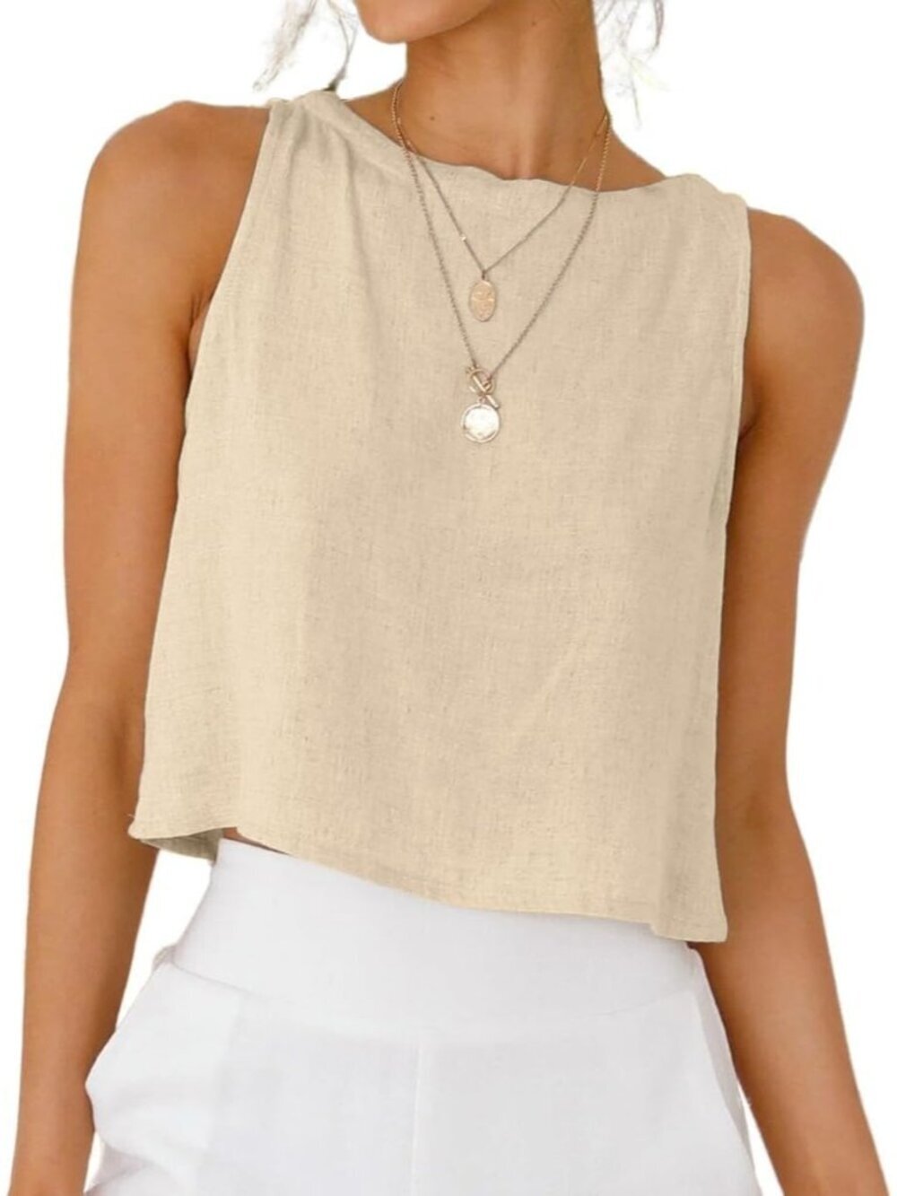 Women's Khaki Button Linen Summer Beach Sleeveless Imported Tank Top